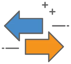 A blue arrow and a yellow arrow facing away from each other.