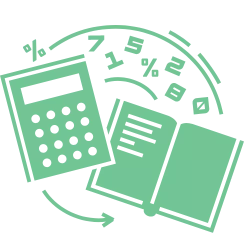 A green calculator and green book used to calculate finances via free quickbooks alternatives.