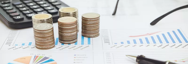 Coins on top of a spreadsheet used to calculate total variable cost