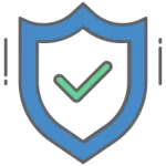 Green checkmark surrounded by a light blue security shield.