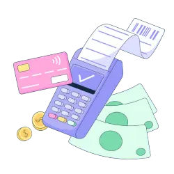 A used Clover POS with a credit card and money beside it.