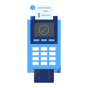 A blue and used Clover POS system with a credit card inserted into it. 