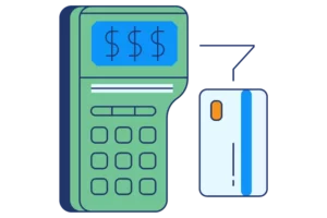 A braintree vs stripe terminal with a credit card next to it.