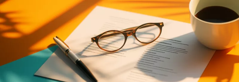 a counter with an application, glasses, a pen, a mug with coffee