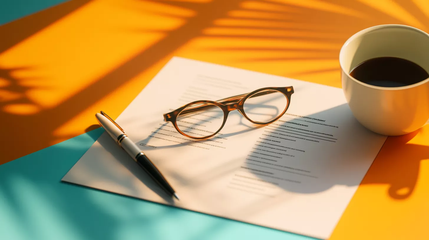 a counter with an application, glasses, a pen, a mug with coffee