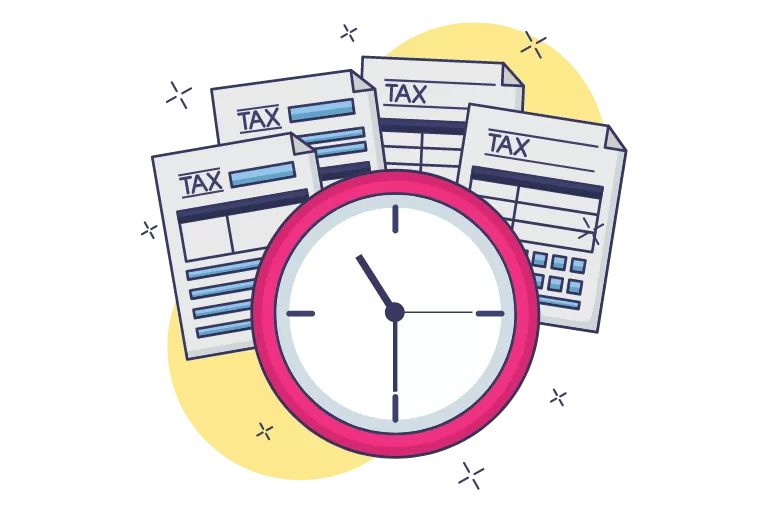 Tax forms and a pink clock to measure how long it takes to get ein
