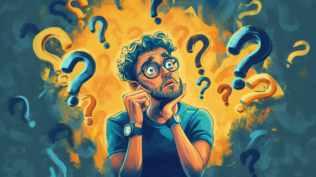 A man with glasses and a beard looks up in deep thought, surrounded by large, colorful question marks, symbolizing uncertainty and curiosity.