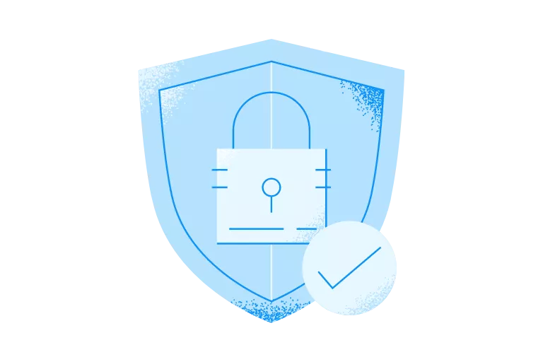 A light blue shield with a light blue lock as a stripe chargeback protection alternative.