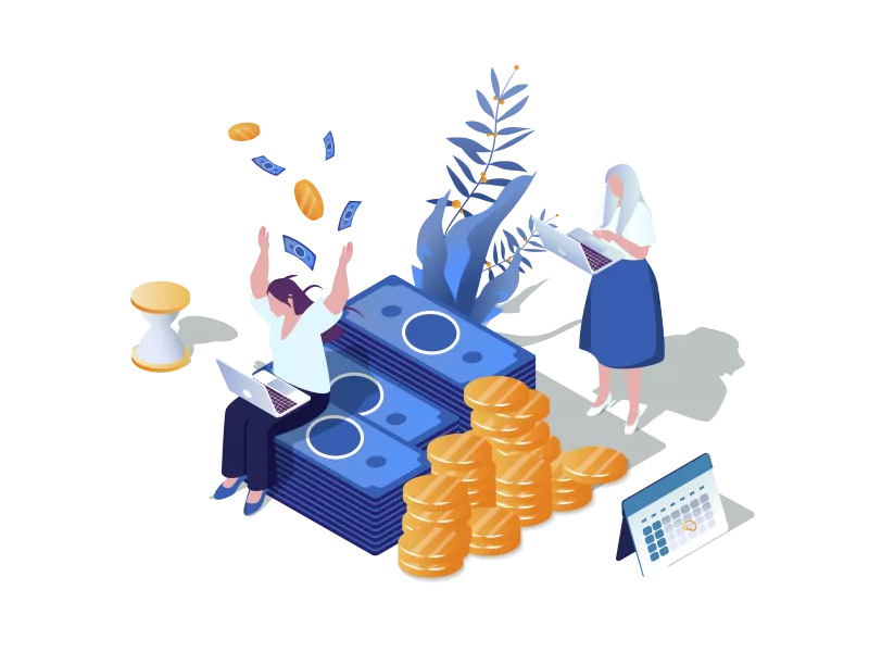 A woman getting a Stripe Capital loan with a laptop on her lap, sitting on a pile of money. 