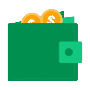 A green wallet with coins in it to pay for Clover Flex. 