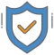 An orange checkmark surrounded by a light blue security shield. 