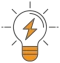 An orange lightening bolt inside an orange lightbulb. 