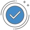 White checkmark inside a light blue circle. 