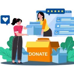 Two women with donation boxes using stripe for nonprofit.