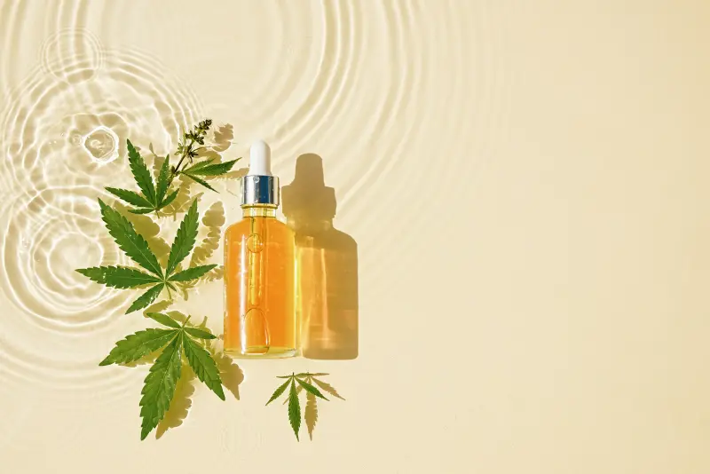 A CBD oil bottle and leaf sold from a merchant who has a CBD license in Alabama