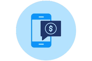 A blue smartphone with a message showing a money sign after looking up zelle business fees.