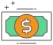A dollar bill with an orange circle and green background with a white dollar sign.