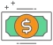 A dollar bill with an orange circle and green background with a white dollar sign. 