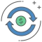 Green dollar icon inside two blue arrows circling around it to process money. 