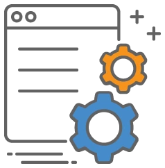 A document with blue and orange cogs. 