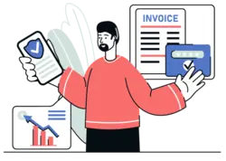 Graphic of a male business owner with invoice logging onto mobile banking to check ACH payment processing time