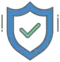 Blue security shield with a green checkmark inside it.