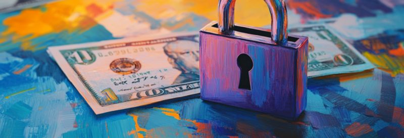 A metallic padlock sits on a colorful, abstract-painted surface alongside U.S. dollar bills, symbolizing financial security and protection.