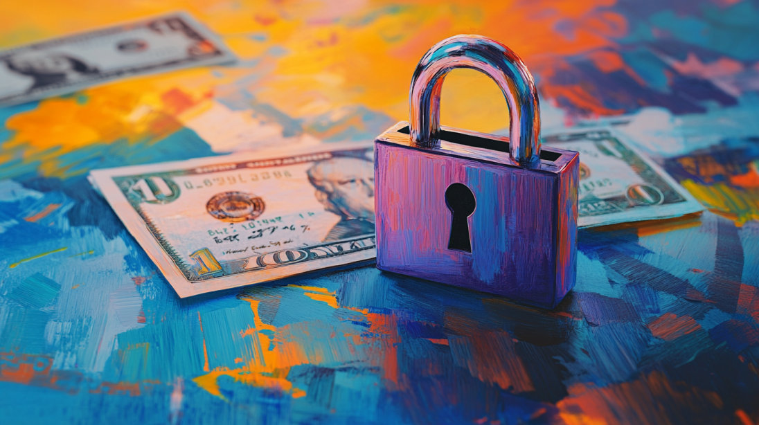 A metallic padlock sits on a colorful, abstract-painted surface alongside U.S. dollar bills, symbolizing financial security and protection.