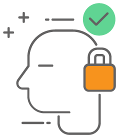 A man's head with a green check mark and orange lock.