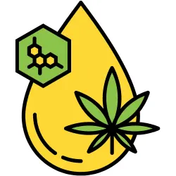 Yellow CBD droplet layered behind a green cannabis leaf and the formula for THC to represent selling CBD with a CBD license.
