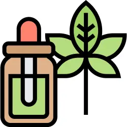 Brown CBD tincture bottle sitting next to a green cannabis leaf sold with a CBD license. 