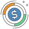 A blue circle with a white money logo inside being circled by colored lines. 