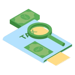 Light blue Zelle taxes folder with a stack of money and magnifying glass. 
