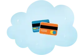 Credit cards floating against a backdrop of clouds.