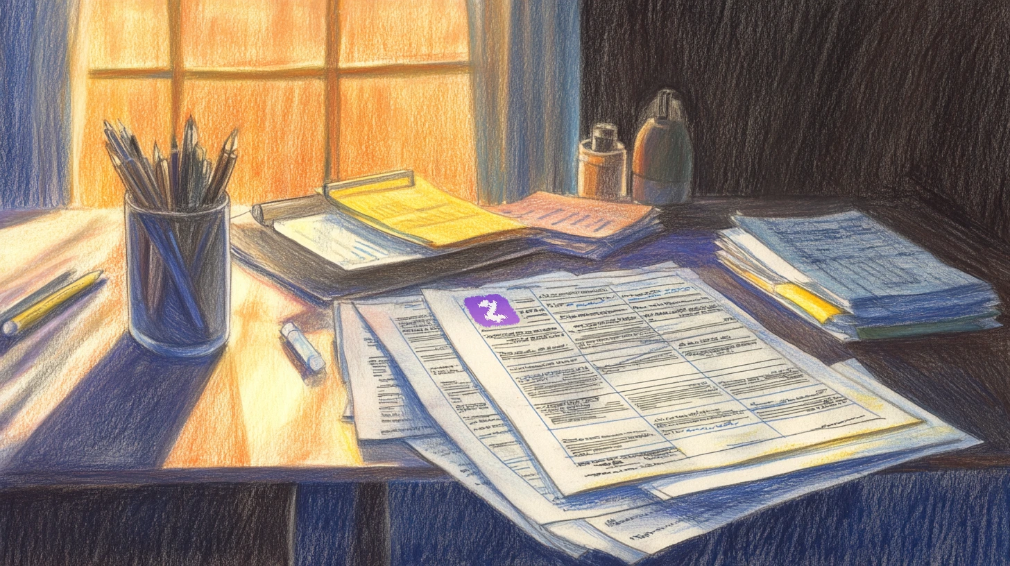 A warm-toned, artistic illustration of a desk filled with tax documents, with a Zelle logo visible on one of the forms, symbolizing the complexities of Zelle tax reporting.