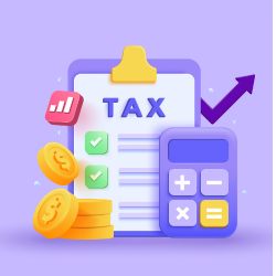 Illustration of a tax document, calculator, and coins representing Zelle taxes