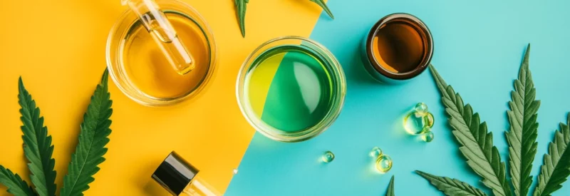 CBD oil products with glass droppers and cannabis leaves displayed on a vibrant yellow and blue background, highlighting quality and analysis elements.