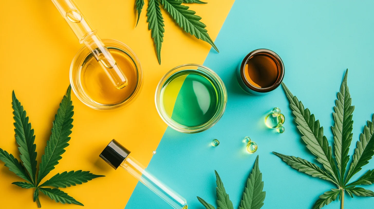 CBD oil products with glass droppers and cannabis leaves displayed on a vibrant yellow and blue background, highlighting quality and analysis elements.