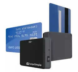 A credit card inserted into a Swipe Simple B200 card reader.