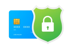 A blue credit card with a green shield as an alternative to cash app business scams.