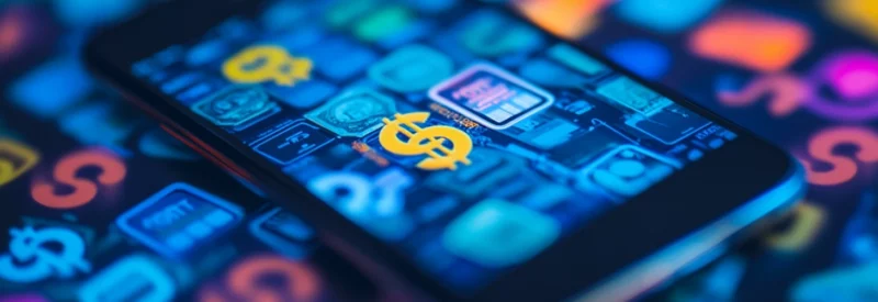 A smartphone screen displaying financial app icons with glowing dollar symbols, surrounded by a blurred background of colorful currency symbols.