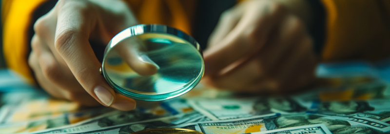 Someone using a magnifying glass to clarify dollar bills from a zelle ach or wire transfer.