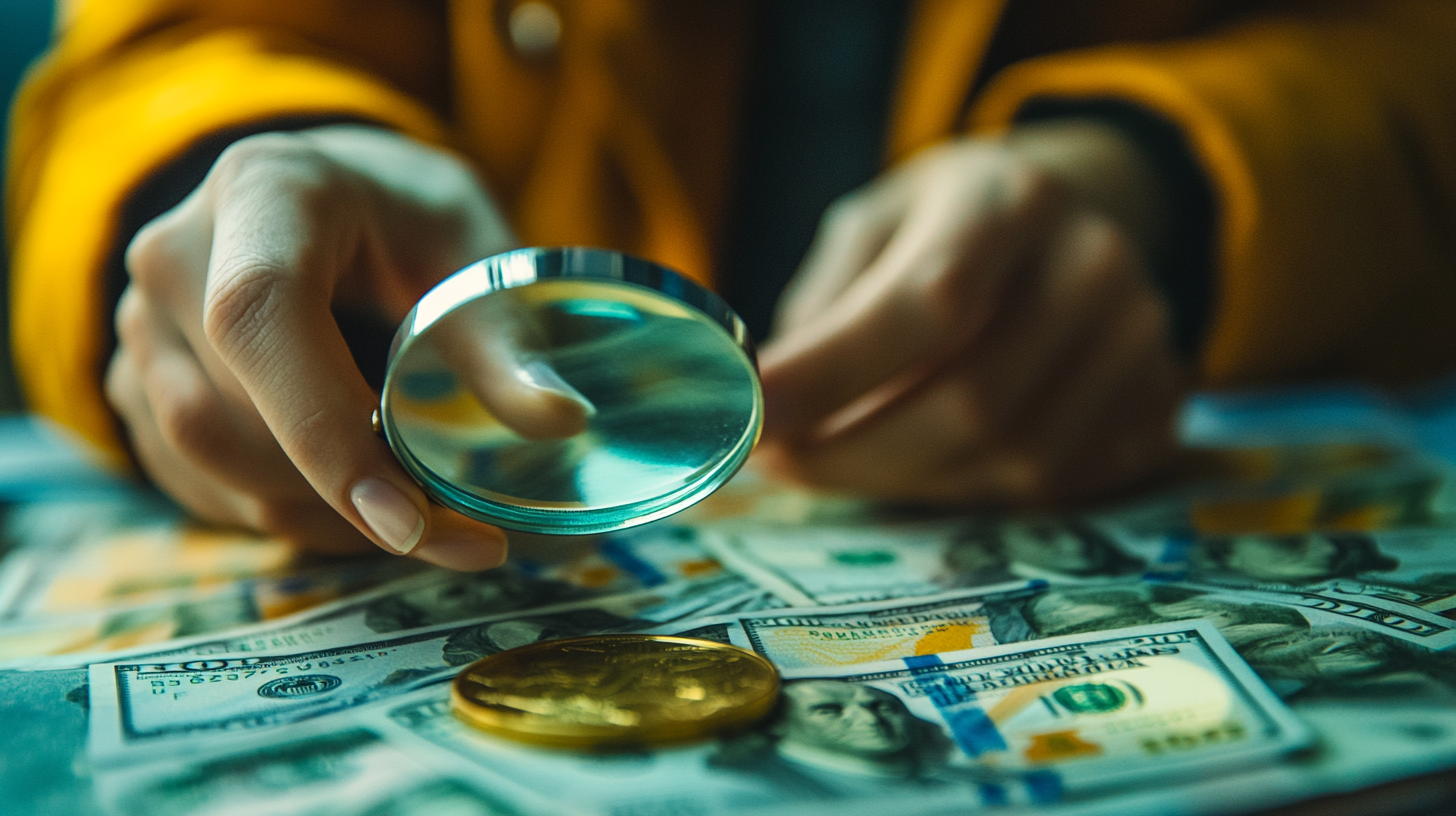 Someone using a magnifying glass to clarify dollar bills from a zelle ach or wire transfer.