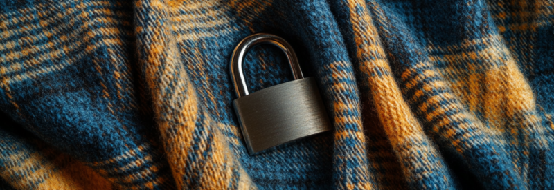 A silver padlock rests on a blue and yellow plaid fabric.