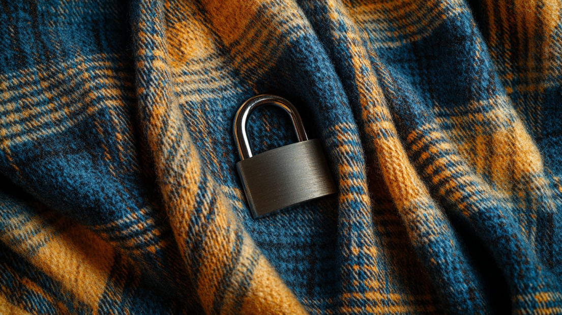 A silver padlock rests on a blue and yellow plaid fabric.