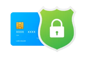 A blue credit card with a green shield that will be used after a zelle account was suspended.