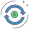 A green money symbol surrounded by curved blue arrows.
