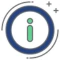 A green info symbol inside of a dark blue circle.
