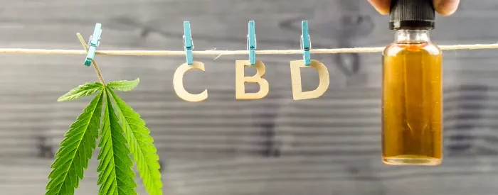 A CBD tincture and a clothesline with the a CBD leaf and letters spelling CBD hanging from it.