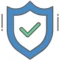 A blue security shield with a green checkmark inside.